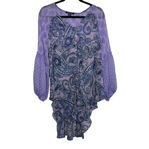 Roaman's Purple Paisley/Geometric Hi-Low hem Ultra Drape V Neck Swing Tunic 16W